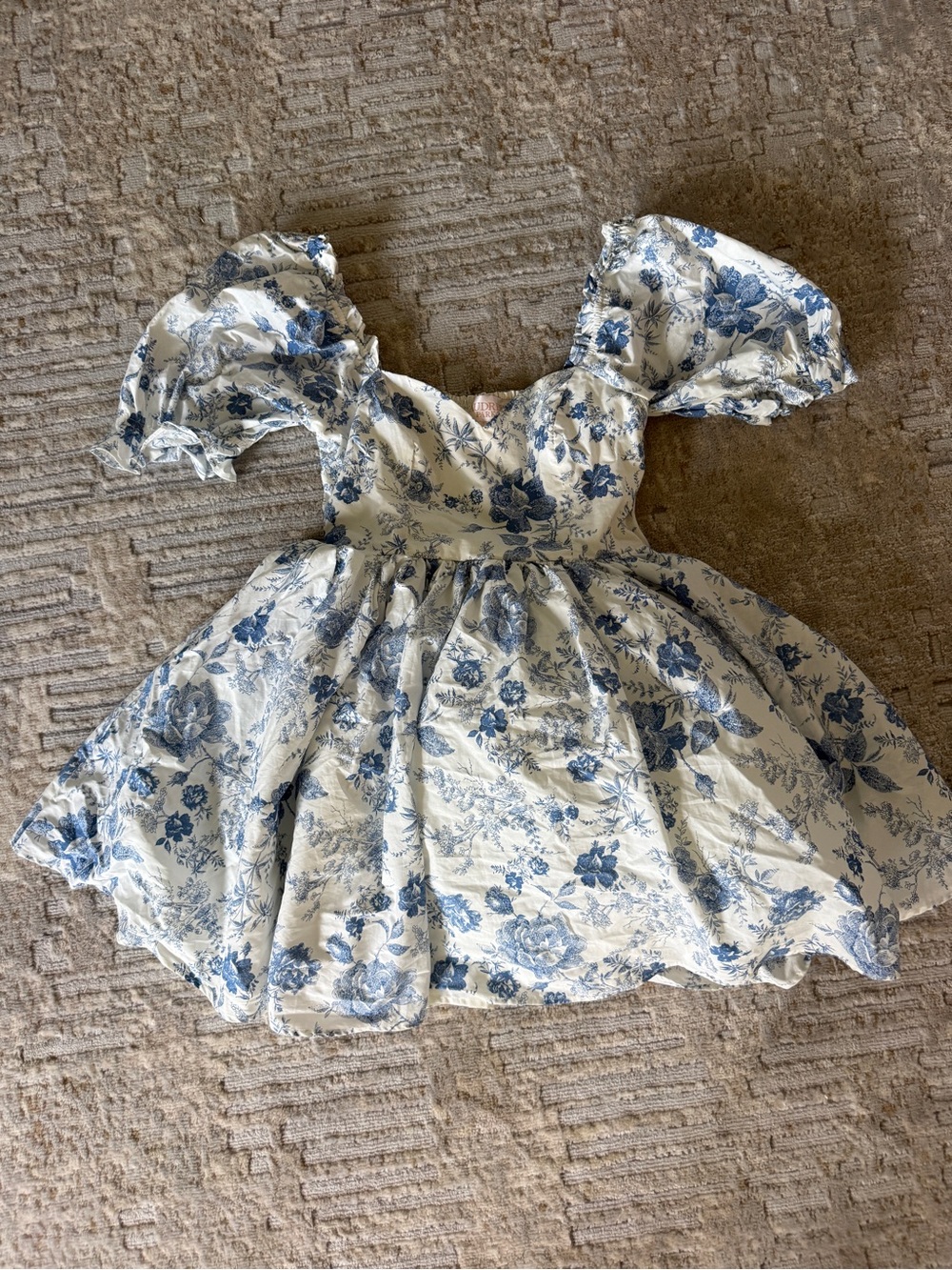 White and Blue Floral Puff Sleeve Mini Dress